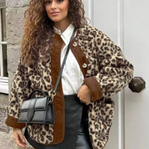 Leopard Print Fleece Sherpa Panel Crew Neck Warm Jacket